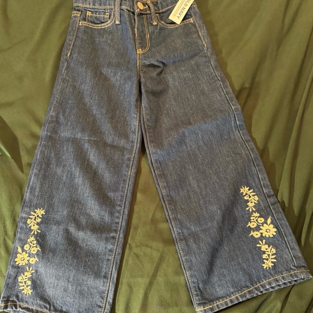 Old Navy Blue Jeans with Cream Colored Floral Embroidery